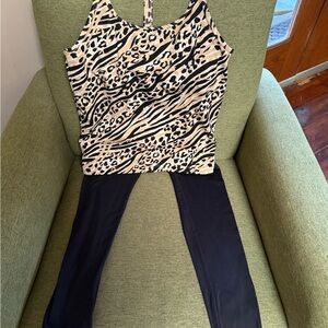 Pink workout top and Zara black leggings